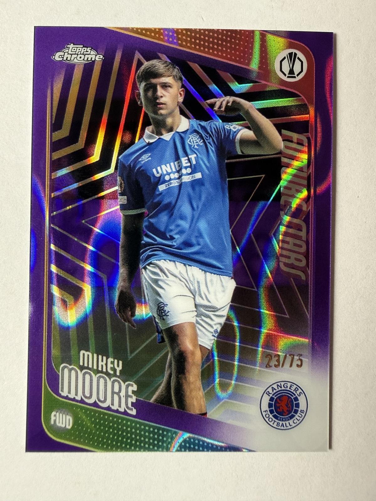 2025-26 Topps Chrome UEFA Club  Mikey Moore #56 Purple Lava Refractor /75