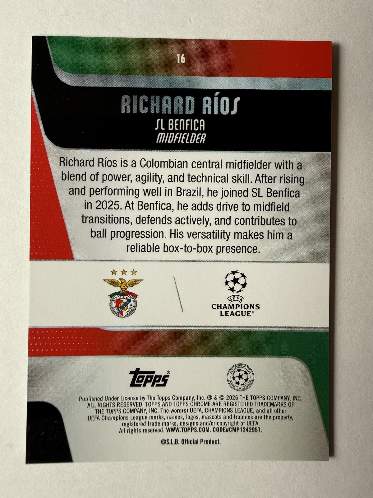 2025-26 Topps UEFA Club Competitions Richard Ríos #16 Green Mini-Diamonds #/99