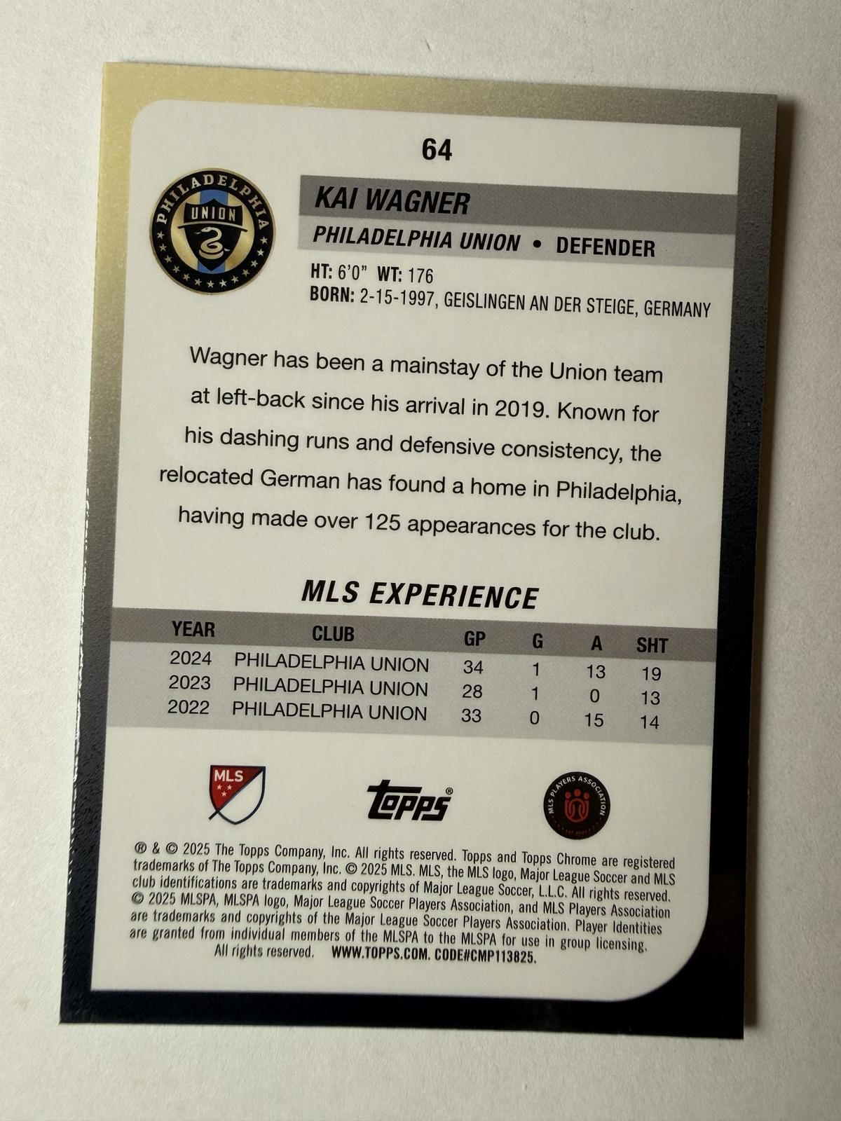 2025 Topps Chrome MLS Kai Wagner #64 Green Mini-Diamonds Refractor /99