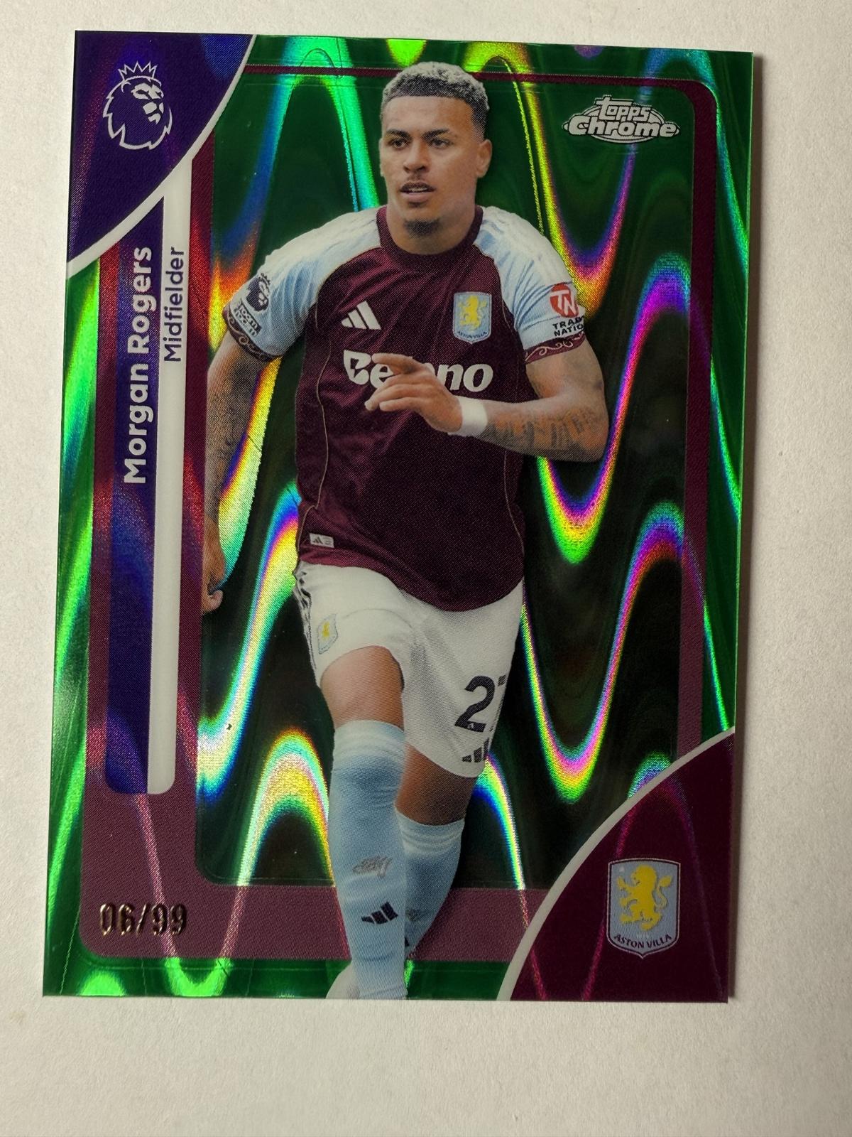2025-26 Topps Chrome Premier Morgan Rogers #22 Green RayWave Aston Villa /99