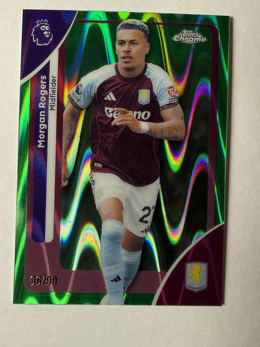 2025-26 Topps Chrome Premier Morgan Rogers #22 Green RayWave Aston Villa /99