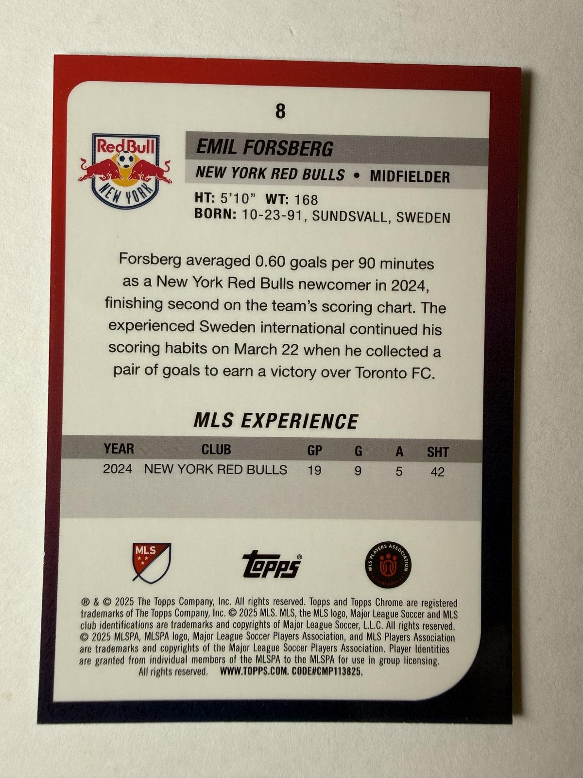 2025 Topps MLS Emil Forsberg #8 Aqua Mini-Diamond Refractor Red Bulls /199