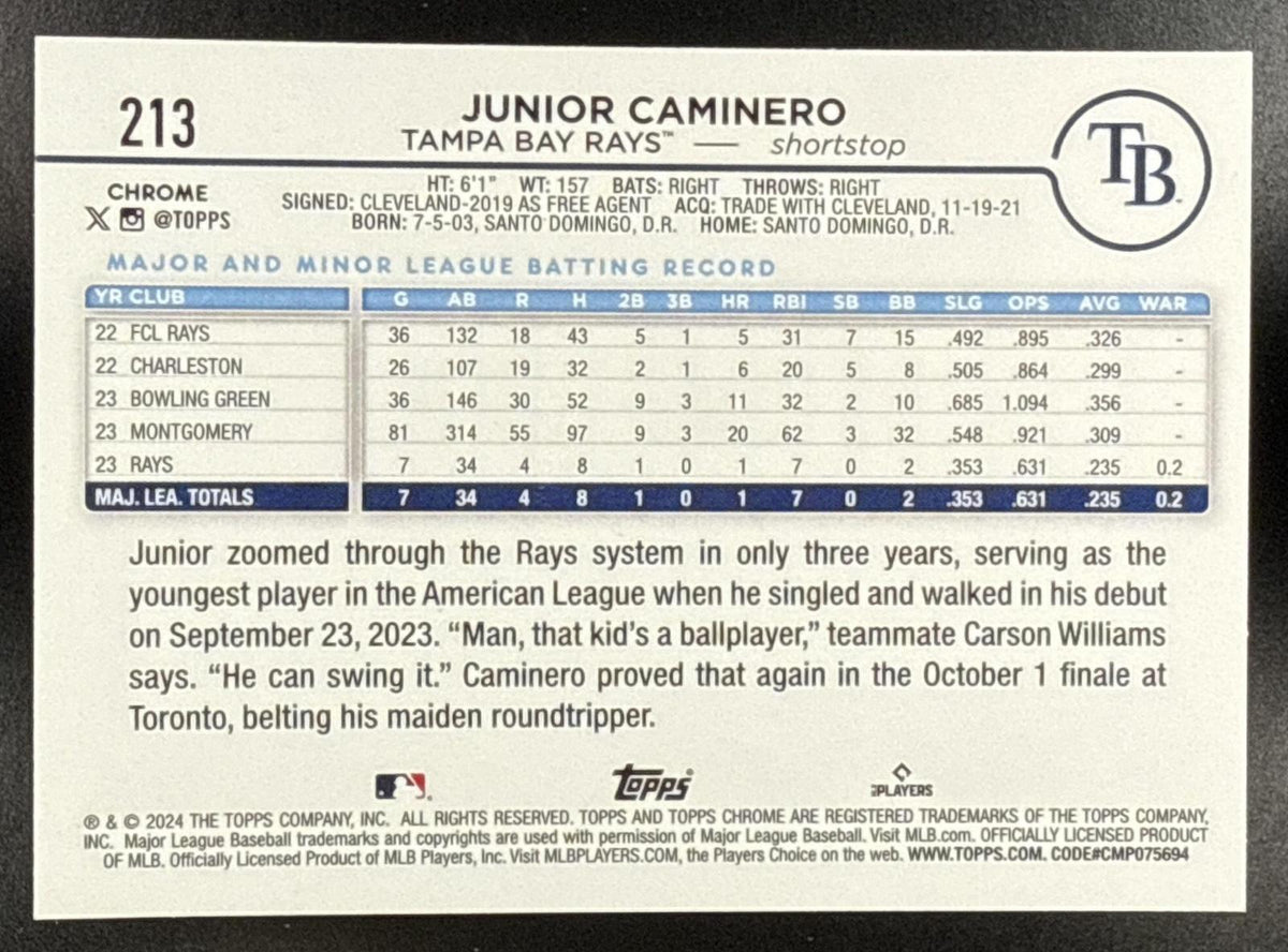 2024 Topps Chrome Junior Caminero #213 Tampa Bay Rays