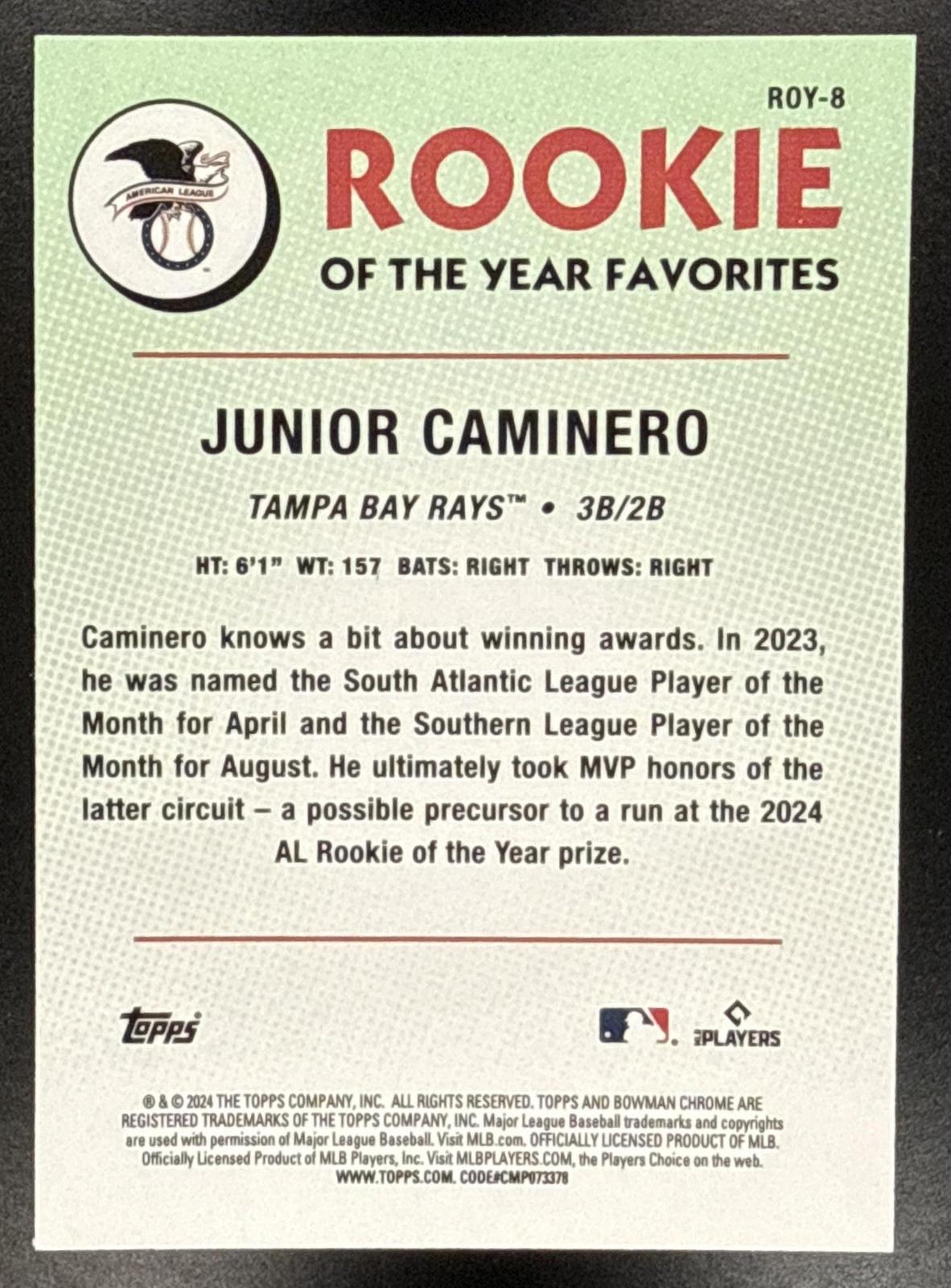 2024 Bowman Junior Caminero #ROY-8 Rookie of the Year Mojo Tampa Bay Rays