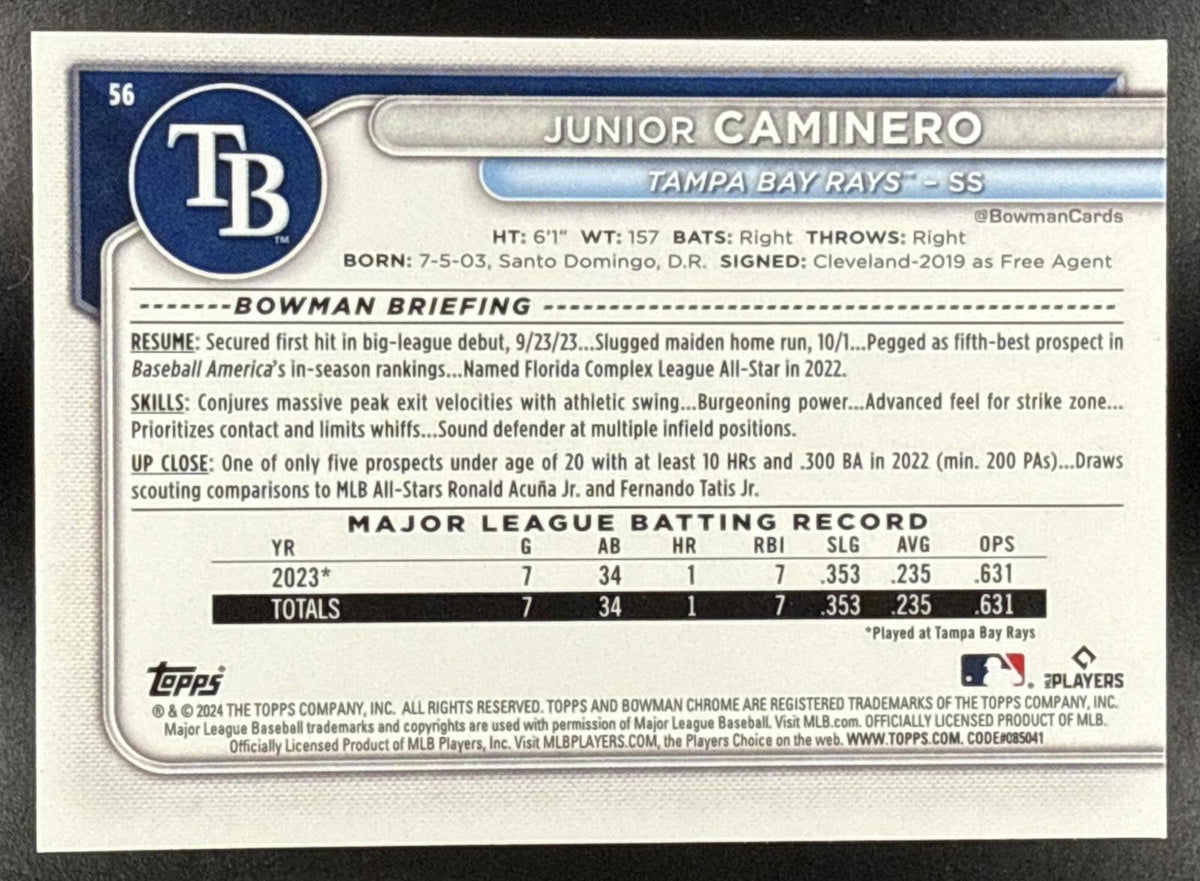 2024 Bowman Chrome Junior Caminero #56 Tampa Bay Rays