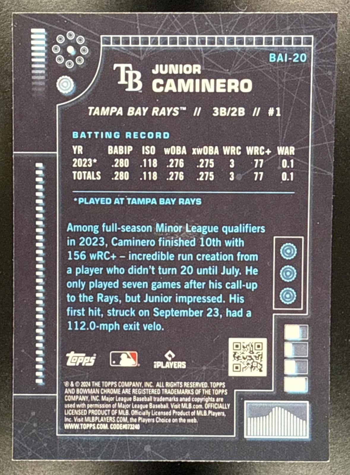 2024 Bowman Junior Caminero #BAI-20 Bowman A.I. Tampa Bay Rays