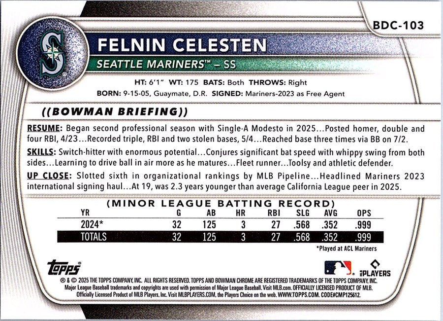2025 Bowman Draft Sapphire Baseball FELNIN CELESTEN #BDC-103 Seattle Mariners