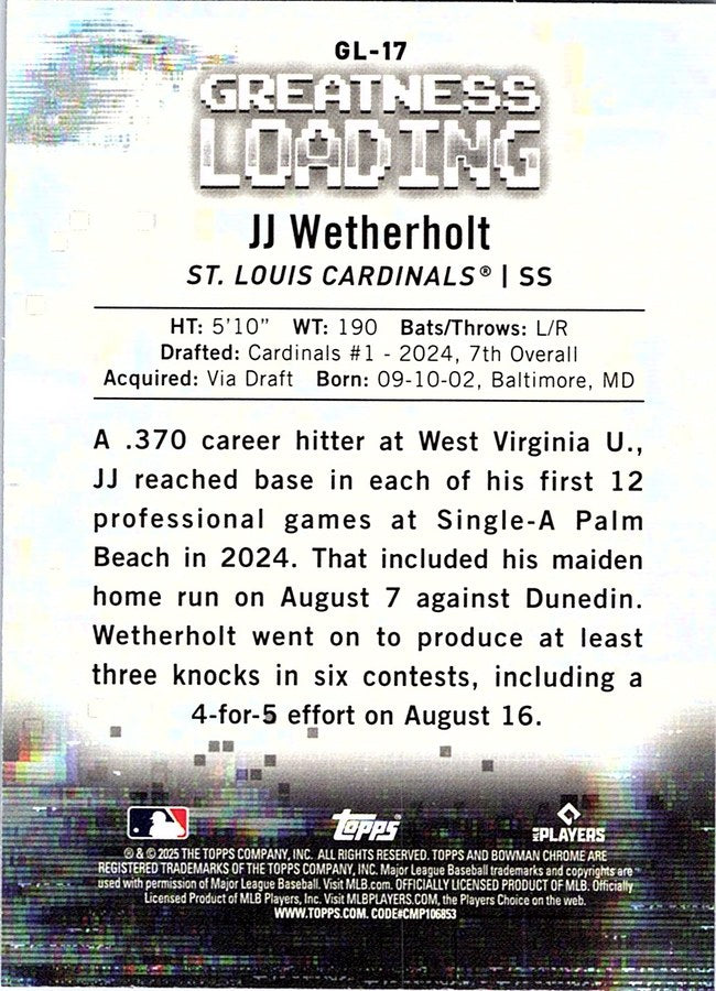 2025 Bowman Baseball JJ WETHERHOLT #GL-17 RC St. Louis Cardinals