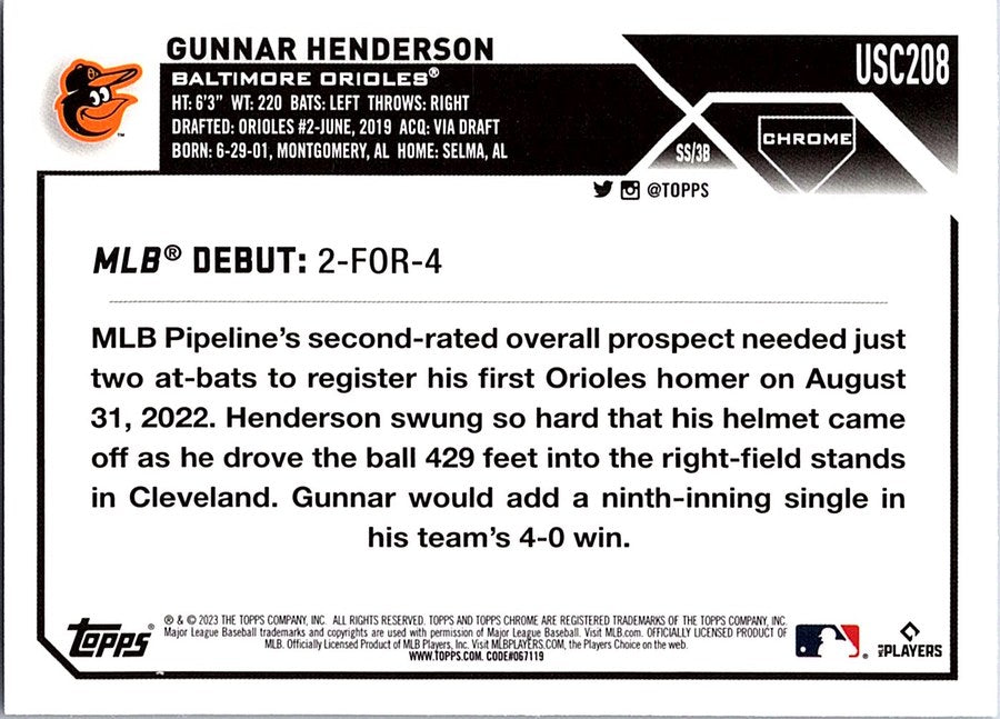 2023 Topps Chrome Update Baseball GUNNAR HENDERSON #USC208 RC Baltimore Orioles