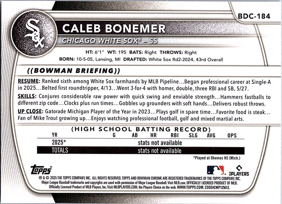 2025 Bowman Draft Sapphire CALEB BONEMER #BDC-184 Chicago White Sox