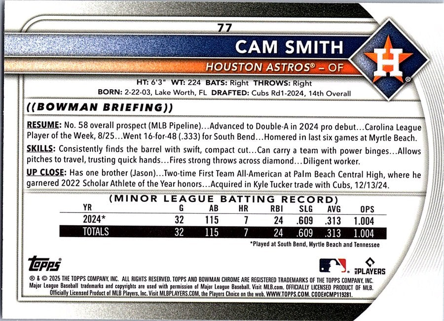 2025 Bowman Chrome Baseball CAM SMITH #77 RC Houston Astros