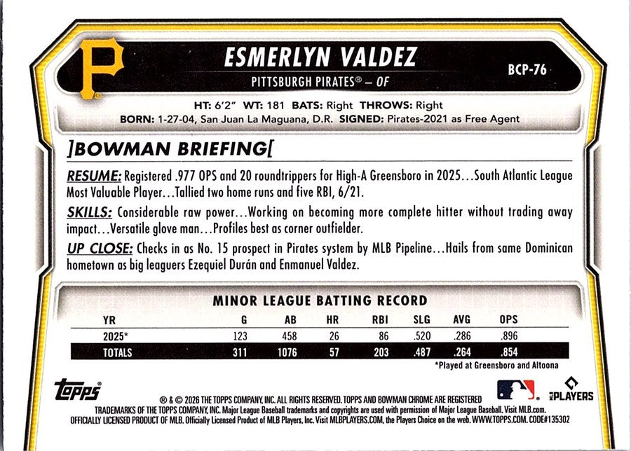 2026 Bowman ESMERLYN VALDEZ #BCP-76 Reptilian Refractor Pittsburgh Pirates