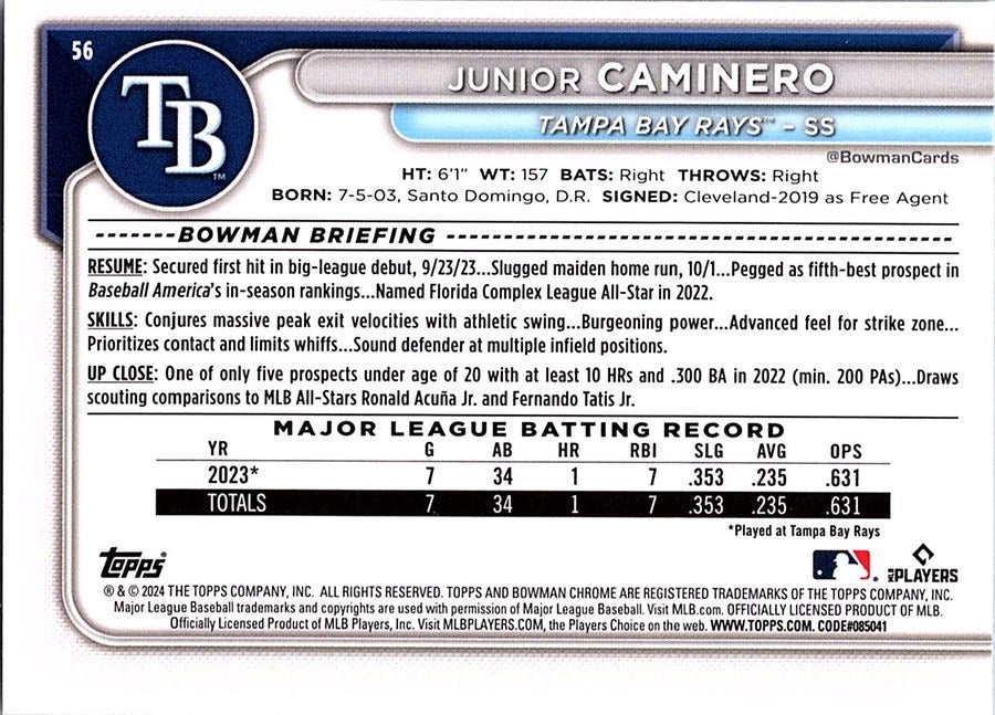2024 Bowman Chrome Baseball JUNIOR CAMINERO #56 RC Tampa Bay Rays