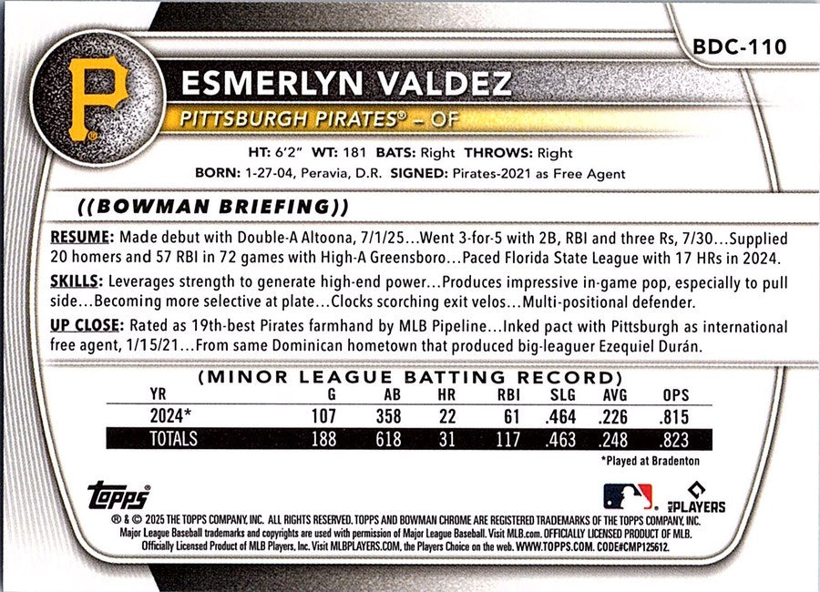 2025 Bowman Draft Sapphire Baseball ESMERLYN VALDEZ #BDC-110 Pittsburgh Pirates