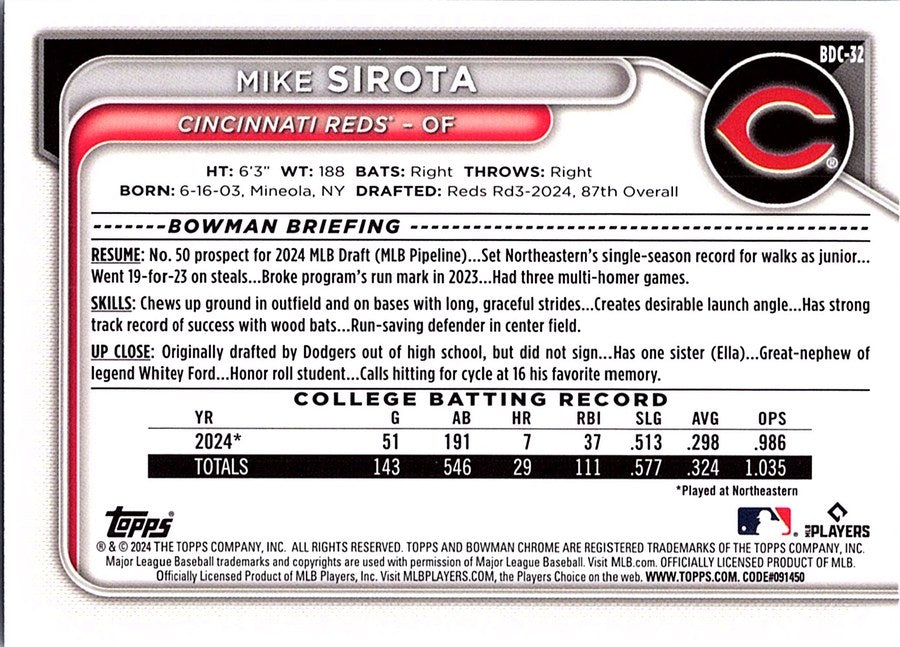 2024 Bowman Draft Chrome Baseball MIKE SIROTA #BDC-32 Cincinnati Reds