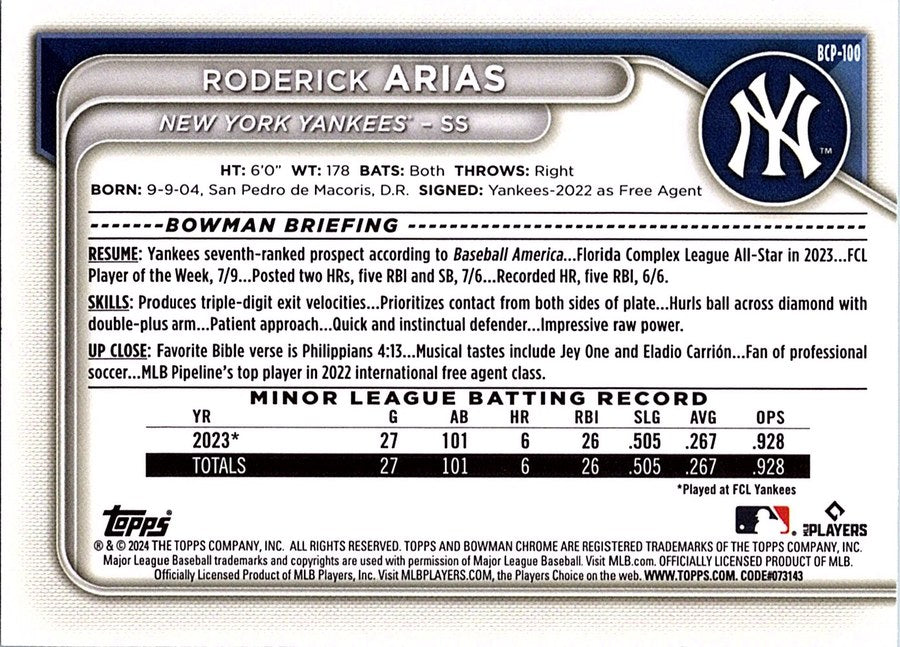 2024 Bowman Prospects RODERICK ARIAS #BP-100 Green Pattern New York Yankees